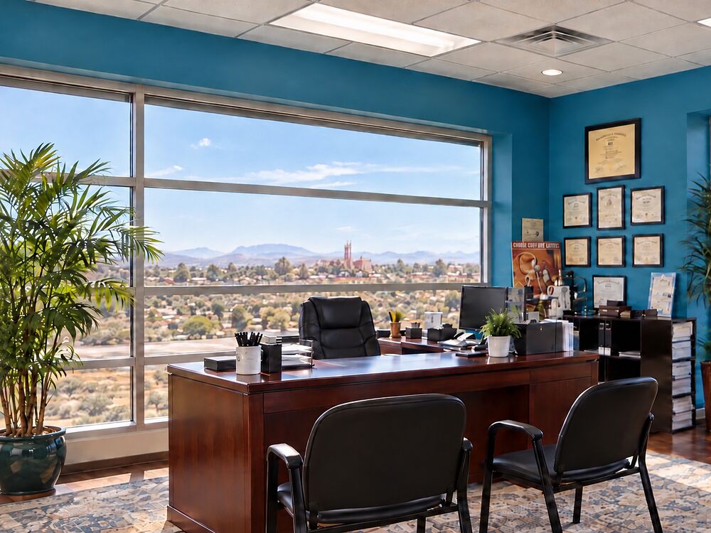 Dr. Kristi Mendoza's consultation office with desk and desert views at Optimum Audiology in Apple Valley, CA