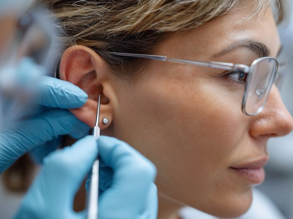 Earwax removal under magnification at Optimum Audiology in Apple Valley, CA